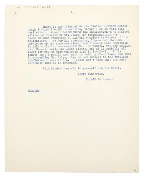 Image of typescript letter from Donald Brace and Company to Virginia Woolf page 2 of 2