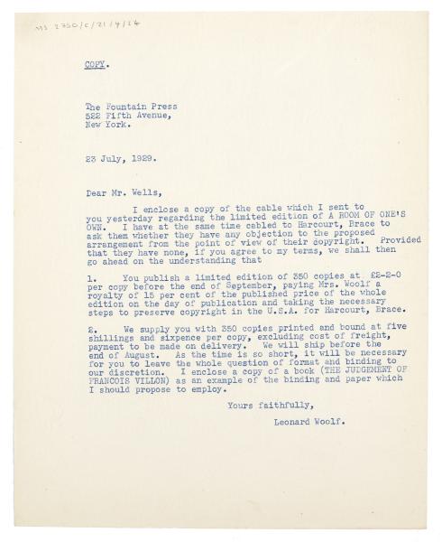 Image of typescript letter from Leonard Woolf to the Fountain Press (23/07/1929) page 1 of 1