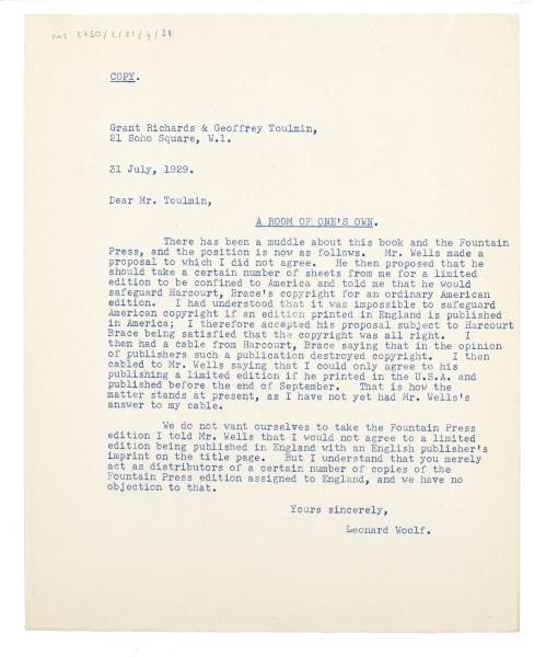 Image of typescript letter from Leonard Woolf to The Cayme Press (31/07/1929) page 1 of 1
