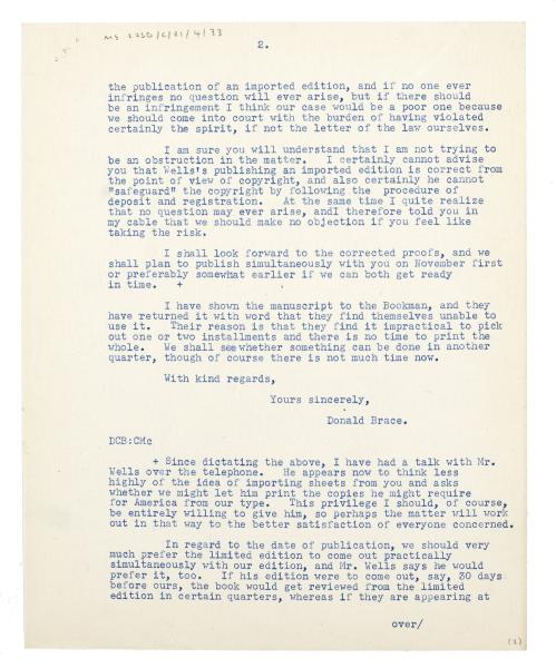 Image of typescript letter from Donald Brace to Leonard Woolf (01/08/1929) page 2 of 3