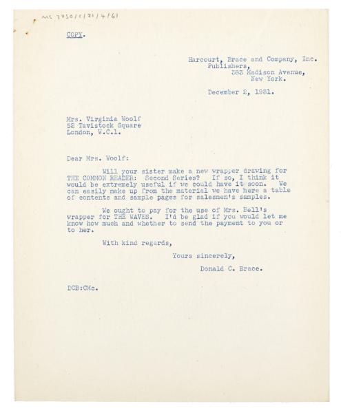 Image of typescript letter from Donald Brace to Virginia Woolf (02/12/1931) page 1 of 1