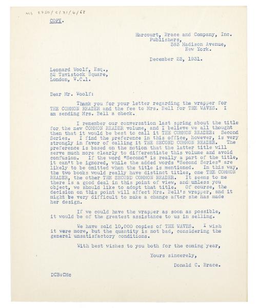 Image of typescript letter from Donald Brace to Leonard Woolf (23/12/1931) page 1 of 1
