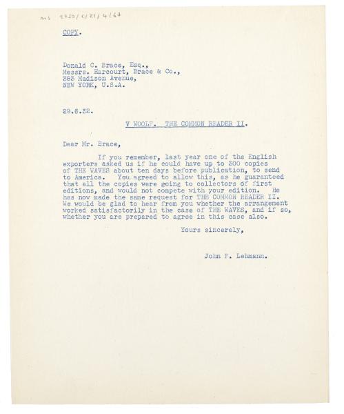 Typescript letter from John Lehmann to Donald Brace (29/06/1932)  page 1 of 1