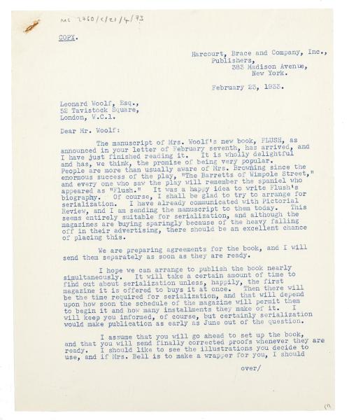 Image of typescript letter from Donald Brace to Leonard Woolf (23/02/1933) page 1 of 1