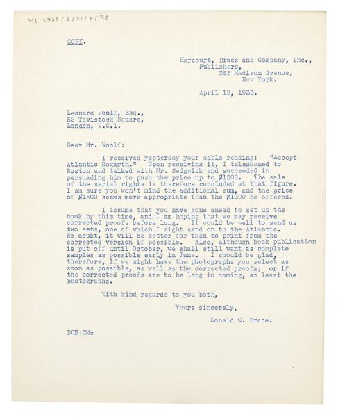 Image of typescript letter from Donald Brace to Leonard Woolf (19/04/1933) page 1 of 1