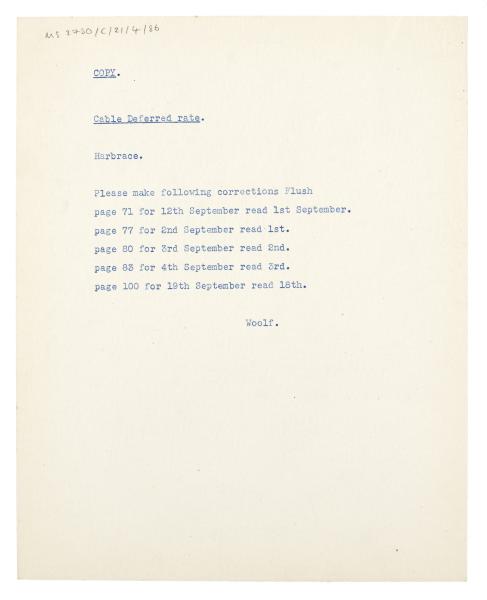 Image of typescript copy of cable from Woolf to Harcourt, Brace, and Company (undated) page 1 of 1