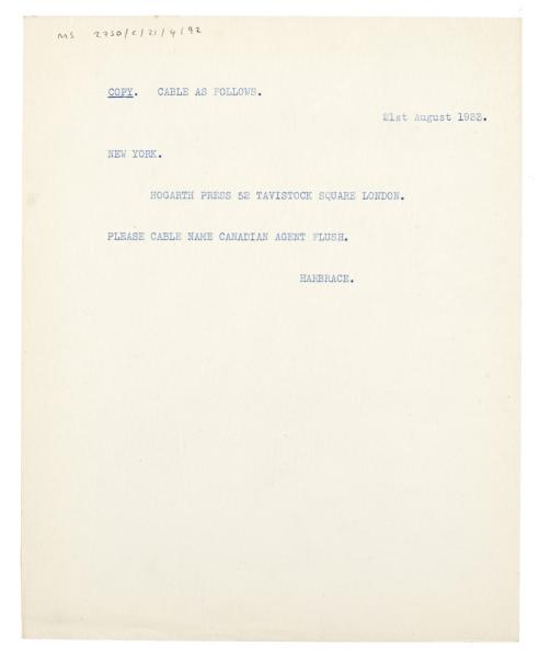 Image of typescript cable from Harcourt, Brace, and Company to The Hogarth Press (21/08/1933) page 1 of 1