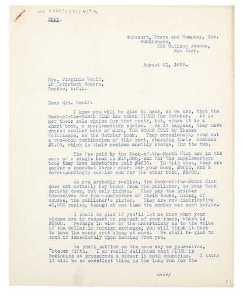 Image of typescript letter from Donald Brace to Virginia Woolf (21/08/1933) page 1 of 2 