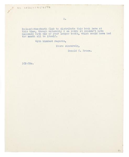 Image of typescript letter from Donald Brace to Virginia Woolf (21/08/1933) page 2 of 2
