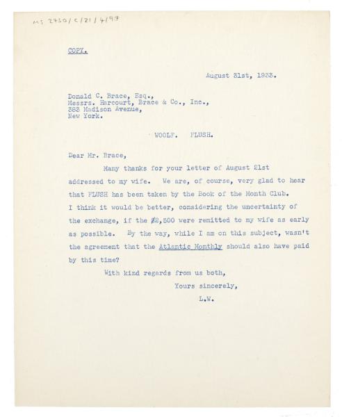 Image of typescript letter from Leonard Woolf to Donald Brace (31/08/1933) page 1 of 1