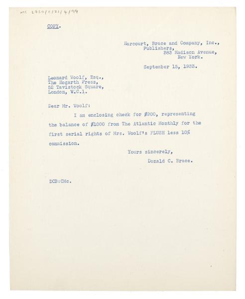 Image of typescript letter from Donald Brace to Leonard Woolf (15/09/1933)  page 1 of 1