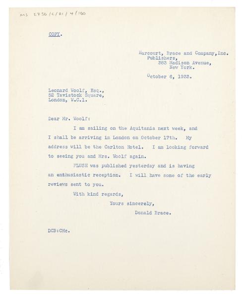 Image of typescript letter from Donald Brace  to Leonard Woolf (06/10/1933) page 1 of 1