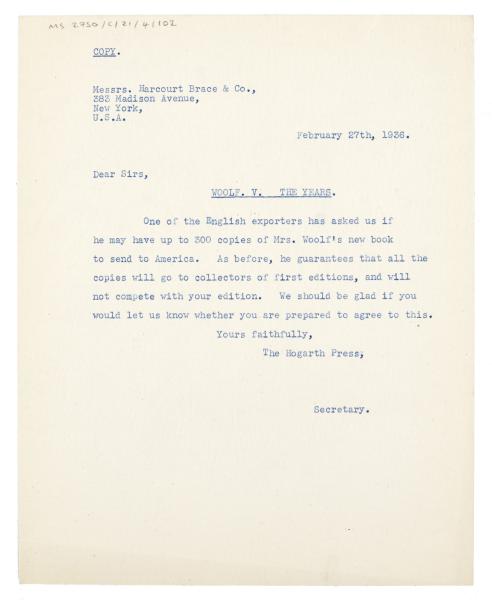 Image of typescript letter from The Hogarth Press to Harcourt, Brace and Company (27/02/1936) page 1 of 1