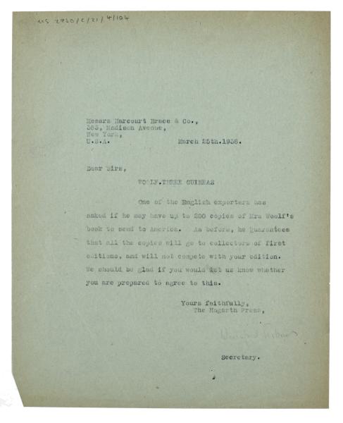 Image of typescript letter from The Hogarth Press to Harcourt, Brace and Company (25/03/1936) page 1 of 1