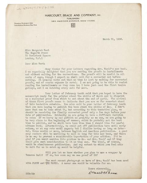 Image of typescript letter from Donald Brace to Margaret West (31/03/1936) page 1 of 1
