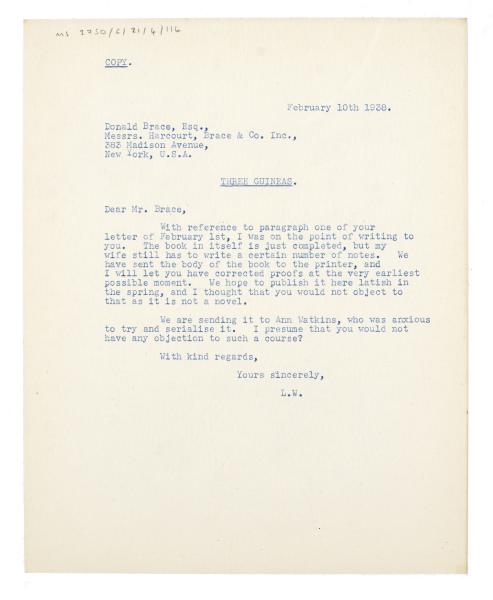 Image of typescript letter from Leonard Woolf to Donald Brace (10/02/1938) page 1 of 1