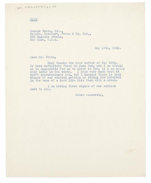 Image of typescript letter from The Hogarth Press to Donald Brace (17/05/1938) page 1 of 1