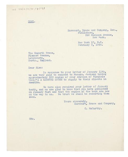 Image of typescript letter from Harcourt, Brace and Company to The Hogarth Press (09/02/1944) page 1 of 1