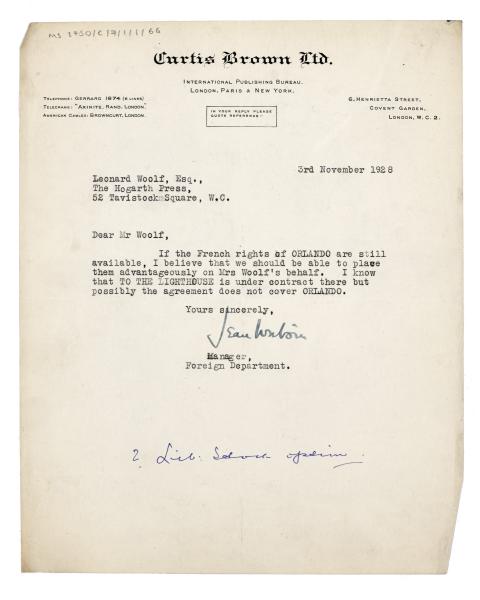 Image of a Letter from Jean Watson at Curtis Brown to Leonard Woolf at The Hogarth Press (03/11/1928)