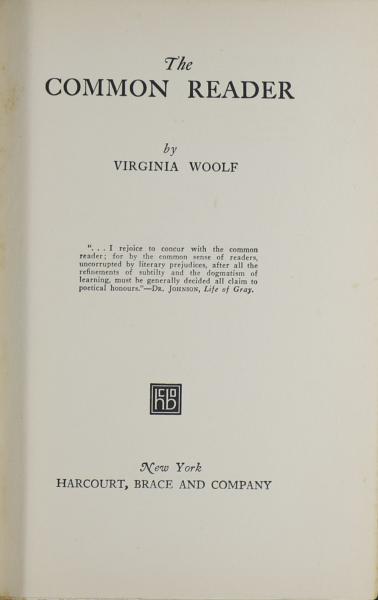 Title Page of First American Edition of The Common Reader by Virginia Woolf