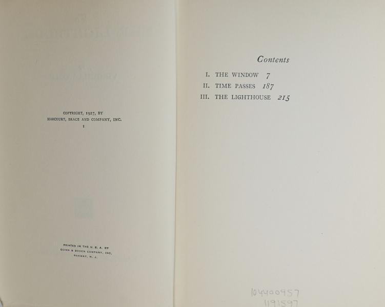 Copyright Page of First American Edition of To the Lighthouse by Virginia Woolf