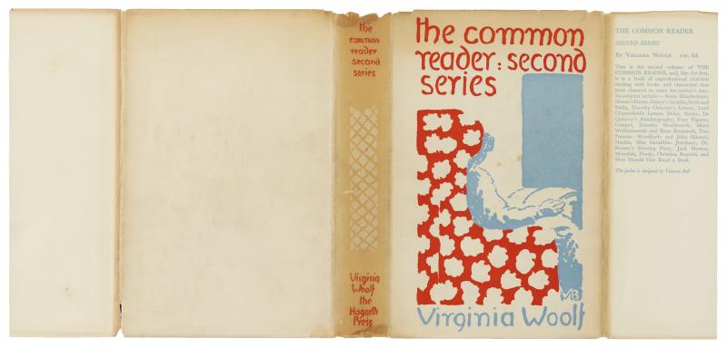 Image of the dust jacket of 'The Common Reader Second Series' featuring a red and blue illustration by Vanessa Bell
