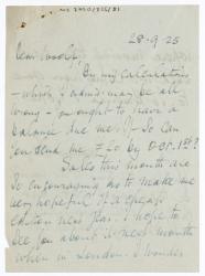 Image of handwritten letter fom Norman Leys to Leonard Woolf (28/09/1925) page 1 of 1
