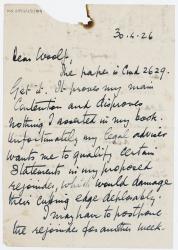 Image of handwritten letter from Norman Leys to Leonard Woolf (30/04/1926) page 1 of 2