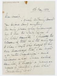 Image of handwritten letter from Norman Leys to Leonard Woolf (09/05/19260) page 1 of 2