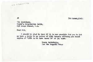 Image of typescript letter from Aline Burch to Women's Co-operative Guild (07/03/1947) page 1 of 1
