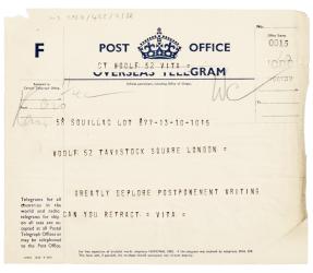 Telegram from Vita Sackville-West to Leonard Woolf (unknown date)