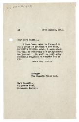 Letter from The Hogarth Press to Earl Russell (20/08/1953)