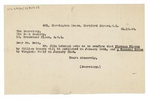 Image of typescript letter from John Lehmann to The Book Society (31/12/1943) page 1 of 1