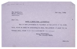Image of a Letter from The Hogarth Press to King's College, Cambridge (01/05/1940) 