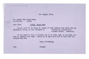 Image of a Letter from The Hogarth Press to The Garden City Press (09/08/1940)