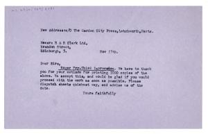 Image of a Letter from The Hogarth Press to R. & R. Clark Ltd (13/11/1940)
