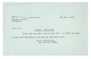 Image of a Letter from The Hogarth Press to R. & R. Clark Ltd (08/05/1941)
