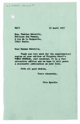 Letter from Rita Spurdle at The Hogarth Press to Thérèse Reveillé at Éditions des Femmes (15/04/1977)