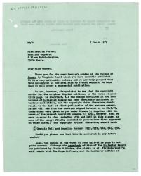 Letter from Rita Spurdle at The Hogarth Press to Béatrix Vernet at Éditions Seghers (07/03/1977)