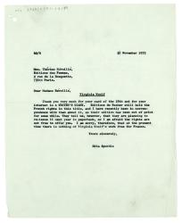 Letter from Rita Spurdle at The Hogarth Press to Thérèse Reveillé at Maison d'Éditions des Femmes (28/11/1975)