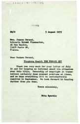 Letter from Rita Spurdle at The Hogarth Press to Jeanne Durand at Librairie Ernest Flammarion (05/08/1975)