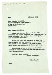 Letter from Rita Spurdle at The Hogarth Press to Thérèse Reveillé at Maison d'Éditions des Femmes (18/03/1975)