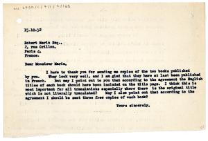 Letter from Leonard Woolf at The Hogarth Press to Éditions Robert Marin (15/10/1952)