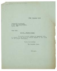 Image of a Letter from The Hogarth Press t to Librairie Gallimard (18/12/1933)
