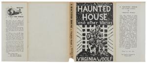 Image of: 'A Haunted House Dust Jacket and Other Stories' featuring a black and white illustration by Vanessa Bell, a blurb and an announcement of the BBC