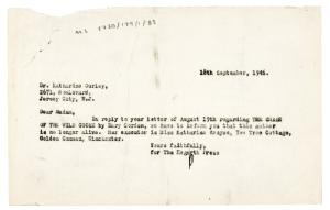Image of typescript letter from The Hogarth Press to Katherine Gurley (18/09/1946) page 1 of 1