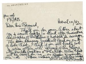 Image of handwritten letter from Kathleen Innes to Piers Raymond (20/03/1947) page 1 of 1
