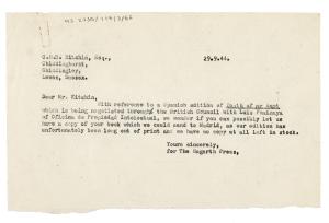 Image of typescript letter from Barbara Hepworth to C. H. B. Kitchin (29/09/1944) page 1 of 1