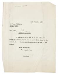 Image of typescript letter from The Hogarth Press to Rosamond Lehmann (14/11/1932) page 1 of 1
