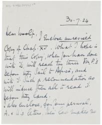 Image of handwritten letter from Norman Leys to Leonard Woolf (30/07/1924) page 1